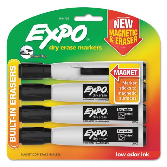 Magnetic Dry Erase Marker, Broad Chisel Tip, Black, 4/Pack1