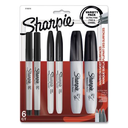 Mixed Point Size Permanent Markers, Assorted Tip Sizes/Types, Black, 6/Pack1