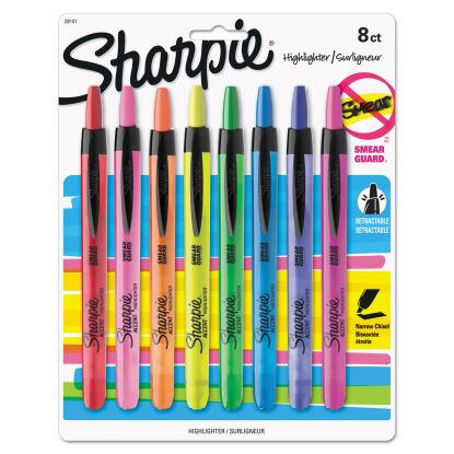 Retractable Highlighters with Storage Pouch, Assorted Ink Colors, Chisel Tip, Assorted Barrel Colors, 8/Set1