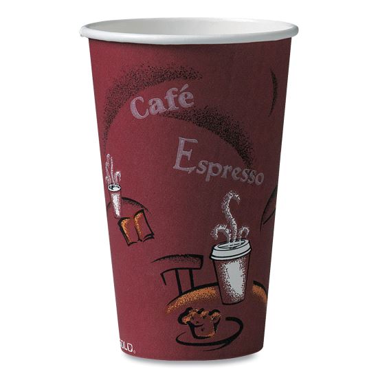 Solo Paper Hot Drink Cups in Bistro Design, 16 oz, Maroon, 1,000/Carton1