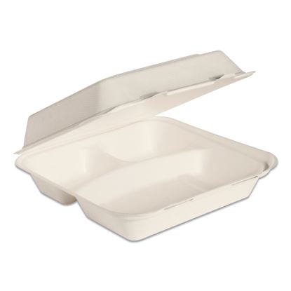 Bare by Solo Eco-Forward Bagasse Hinged Lid Containers, 3-Compartment, 9.6 x 9.4 x 3.2, Ivory, 200/Carton1