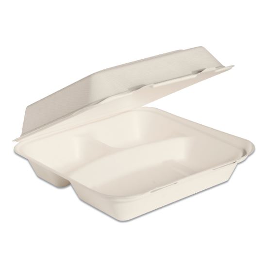 Bare by Solo Eco-Forward Bagasse Hinged Lid Containers, 3-Compartment, 9.6 x 9.4 x 3.2, Ivory, 200/Carton1