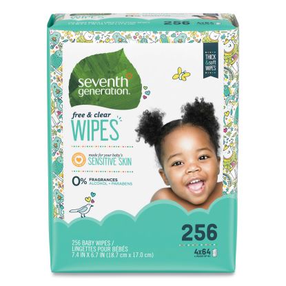 Free and Clear Baby Wipes, Refill, 7 x 7, Unscented, White, 256/Pack1