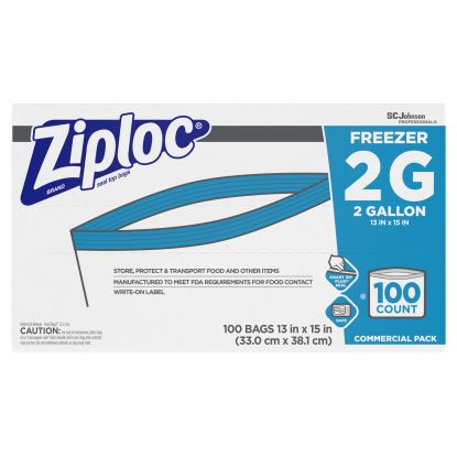 Double Zipper Freezer Bags, 2 gal, 2.7 mil, 13" x 15.5", Clear, 100/Carton1