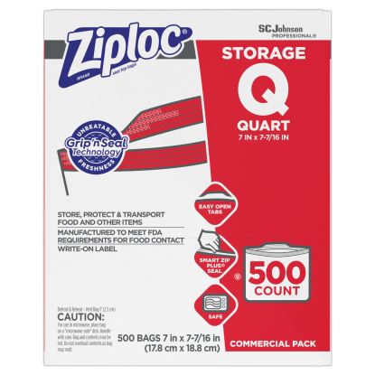 Double Zipper Storage Bags, 1 qt, 1.75 mil, 7" x 7.75", Clear, 500/Box1