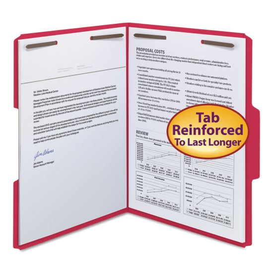 WaterShed CutLess Reinforced Top Tab Fastener Folders, 2 Fasteners, Letter Size, Red Exterior, 50/Box1