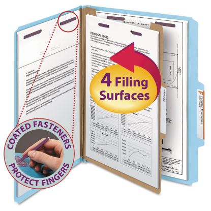 Four-Section Pressboard Top Tab Classification Folders with SafeSHIELD Fasteners, 1 Divider, Letter Size, Blue, 10/Box1