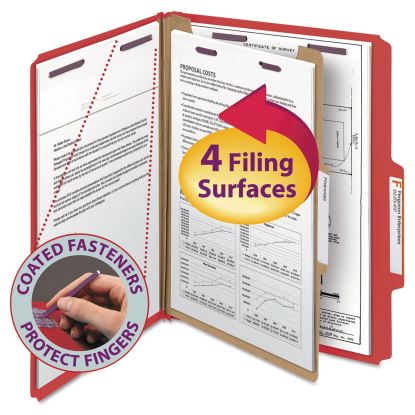Four-Section Pressboard Top Tab Classification Folders with SafeSHIELD Fasteners, 1 Divider, Letter Size, Bright Red, 10/Box1
