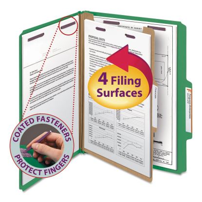 Four-Section Pressboard Top Tab Classification Folders with SafeSHIELD Fasteners, 1 Divider, Letter Size, Green, 10/Box1