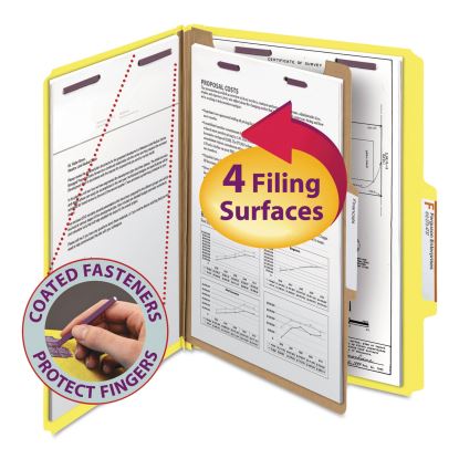 Four-Section Pressboard Top Tab Classification Folders with SafeSHIELD Fasteners, 1 Divider, Letter Size, Yellow, 10/Box1