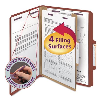 Pressboard Classification Folders with SafeSHIELD Coated Fasteners, 2/5 Cut, 1 Divider, Letter Size, Red, 10/Box1