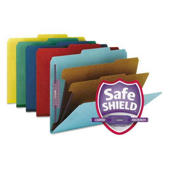 Six-Section Pressboard Top Tab Classification Folders with SafeSHIELD Fasteners, 2 Dividers, Letter Size, Assorted, 10/Box1