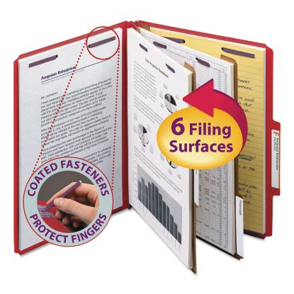 Six-Section Pressboard Top Tab Classification Folders with SafeSHIELD Fasteners, 2 Dividers, Letter Size, Bright Red, 10/Box1