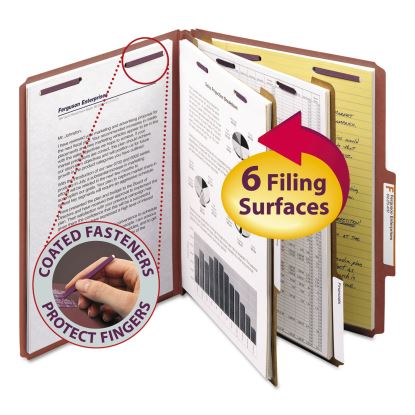 Pressboard Classification Folders with SafeSHIELD Coated Fasteners, 2/5 Cut, 2 Dividers, Letter Size, Red, 10/Box1