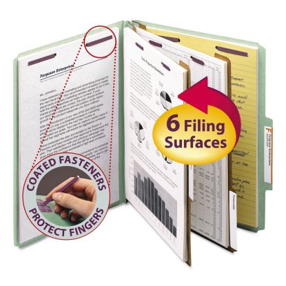Pressboard Classification Folders with SafeSHIELD Coated Fasteners, 2/5 Cut, 2 Dividers, Letter Size, Gray-Green, 10/Box1