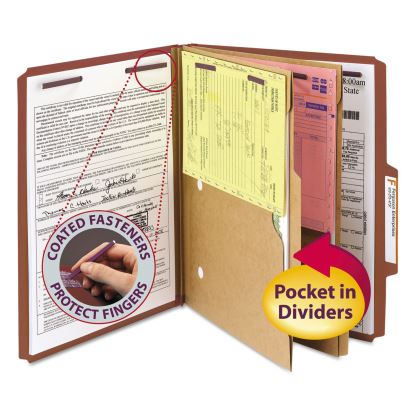 6-Section Pressboard Top Tab Pocket-Style Classification Folders with SafeSHIELD Fasteners, 2 Dividers, Letter, Red, 10/Box1