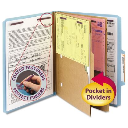 6-Section Pressboard Top Tab Pocket-Style Classification Folders with SafeSHIELD Fasteners, 2 Dividers, Letter, Blue, 10/Box1