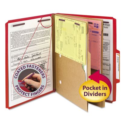 6-Section Pressboard Top Tab Pocket-Style Classification Folders with SafeSHIELD Fasteners, 2 Dividers, Letter, Red, 10/Box1