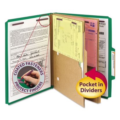 6-Section Pressboard Top Tab Pocket-Style Classification Folders with SafeSHIELD Fasteners, 2 Dividers, Letter, Green, 10/Box1