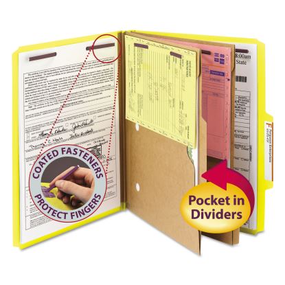 6-Section Pressboard Top Tab Pocket-Style Classification Folders with SafeSHIELD Fasteners, 2 Dividers, Letter, Yellow, 10/BX1