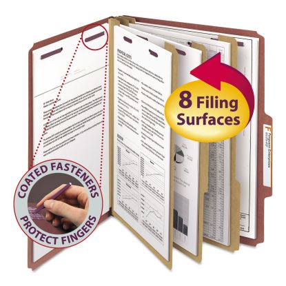 Pressboard Classification Folders with SafeSHIELD Coated Fasteners, 2/5 Cut, 3 Dividers, Letter Size, Red, 10/Box1