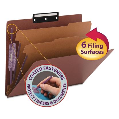 Pressboard Classification Folders with SafeSHIELD Coated Fasteners, 1/3-Cut, 2 Dividers, Letter Size, Red, 10/Box1