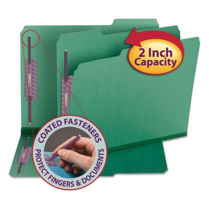 Colored Pressboard Fastener Folders with SafeSHIELD Coated Fasteners, 2 Fasteners, Letter Size, Green Exterior, 25/Box1