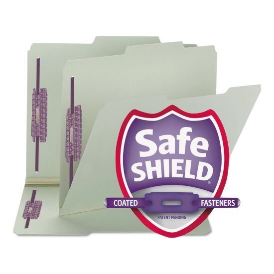 Recycled Pressboard Folders w/Two SafeSHIELD Fasteners, 2/5-Cut Tab, Right of Center, 1" Exp, Letter Size, Gray-Green, 25/Box1
