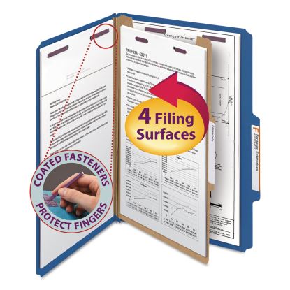 Four-Section Pressboard Top Tab Classification Folders with SafeSHIELD Fasteners, 1 Divider, Legal Size, Dark Blue, 10/Box1