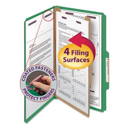 Four-Section Pressboard Top Tab Classification Folders with SafeSHIELD Fasteners, 1 Divider, Legal Size, Green, 10/Box1