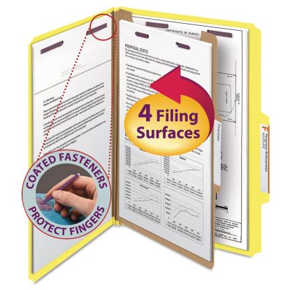 Four-Section Pressboard Top Tab Classification Folders with SafeSHIELD Fasteners, 1 Divider, Legal Size, Yellow, 10/Box1