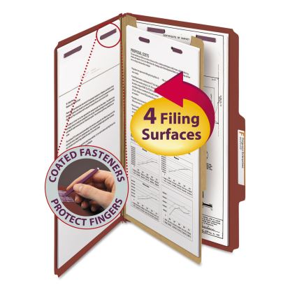 Pressboard Classification Folders with SafeSHIELD Coated Fasteners, 2/5 Cut, 1 Divider, Legal Size, Red, 10/Box1