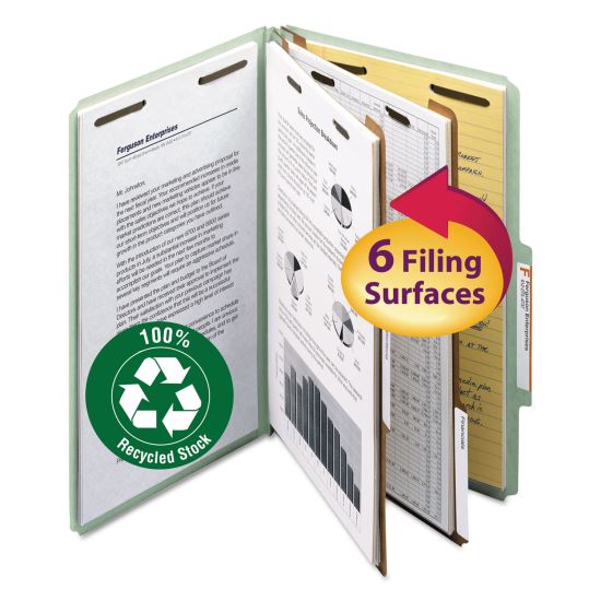 100% Recycled Pressboard Classification Folders, 2 Dividers, Legal Size, Gray-Green, 10/Box1