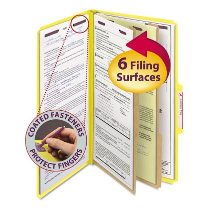 Six-Section Pressboard Top Tab Classification Folders with SafeSHIELD Fasteners, 2 Dividers, Legal Size, Yellow, 10/Box1