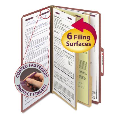 Pressboard Classification Folders with SafeSHIELD Coated Fasteners, 2/5 Cut, 2 Dividers, Legal Size, Red, 10/Box1