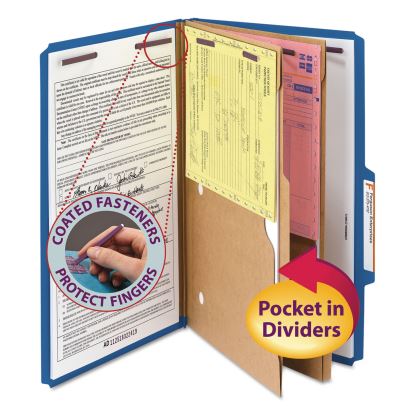 6-Section Pressboard Top Tab Pocket-Style Classification Folder, SafeSHIELD Fasteners, 2 Dividers, Legal, Dark Blue, 10/Box1