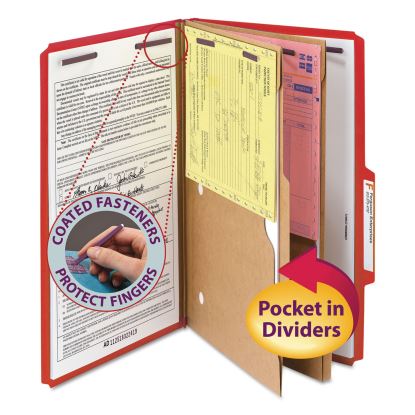 6-Section Pressboard Top Tab Pocket-Style Classification Folders with SafeSHIELD Fasteners, 2 Dividers, Legal, Red, 10/BX1