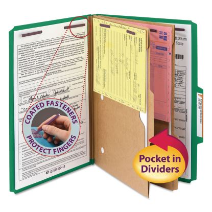 6-Section Pressboard Top Tab Pocket-Style Classification Folders with SafeSHIELD Fasteners, 2 Dividers, Legal, Green, 10/BX1