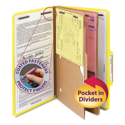 6-Section Pressboard Top Tab Pocket-Style Classification Folders with SafeSHIELD Fasteners, 2 Dividers, Legal, Yellow, 10/Box1