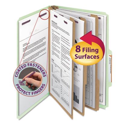 Pressboard Classification Folders with SafeSHIELD Coated Fasteners, 2/5 Cut, 3 Dividers, Legal Size, Gray-Green, 10/Box1