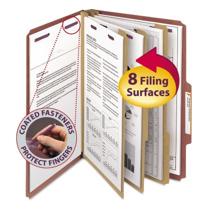 Pressboard Classification Folders with SafeSHIELD Coated Fasteners, 2/5 Cut, 3 Dividers, Legal Size, Red, 10/Box1