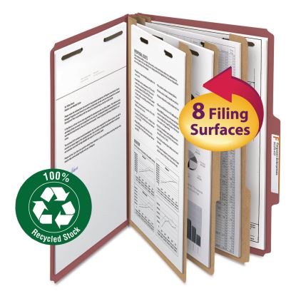 100% Recycled Pressboard Classification Folders, 3 Dividers, Legal Size, Red, 10/Box1