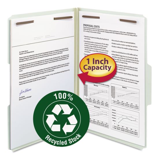 100% Recycled Pressboard Fastener Folders, Legal Size, 1" Expansion, Gray-Green, 25/Box1