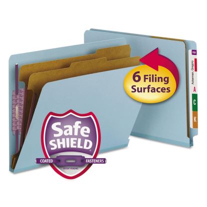End Tab Colored Pressboard Classification Folders with SafeSHIELD Coated Fasteners, 2 Dividers, Letter Size, Blue, 10/Box1