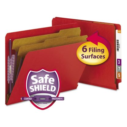 End Tab Pressboard Classification Folders with SafeSHIELD Fasteners, 2 Dividers, Letter Size, Bright Red, 10/Box1