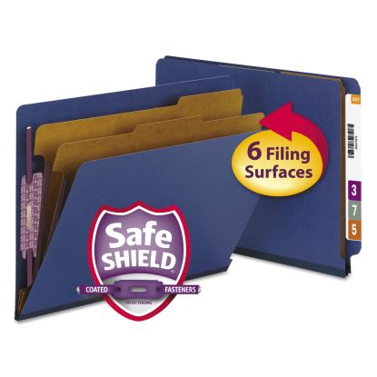 End Tab Pressboard Classification Folders with SafeSHIELD Fasteners, 2 Dividers, Letter Size, Dark Blue, 10/Box1