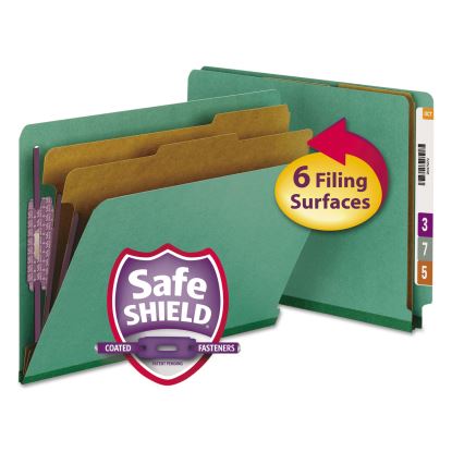 End Tab Colored Pressboard Classification Folders with SafeSHIELD Coated Fasteners, 2 Dividers, Letter Size, Green, 10/Box1