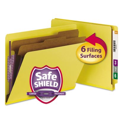 End Tab Colored Pressboard Classification Folders with SafeSHIELD Coated Fasteners, 2 Dividers, Letter Size, Yellow, 10/Box1