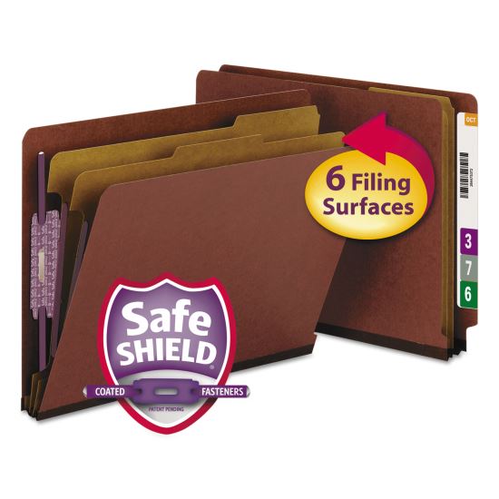 End Tab Pressboard Classification Folders with SafeSHIELD Coated Fasteners, 2 Dividers, Letter Size, Red, 10/Box1