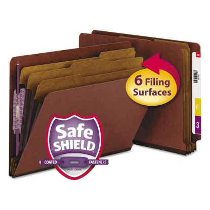 End Tab Pressboard Classification Folders with SafeSHIELD Coated Fasteners, 3 Dividers, Letter Size, Red, 10/Box1